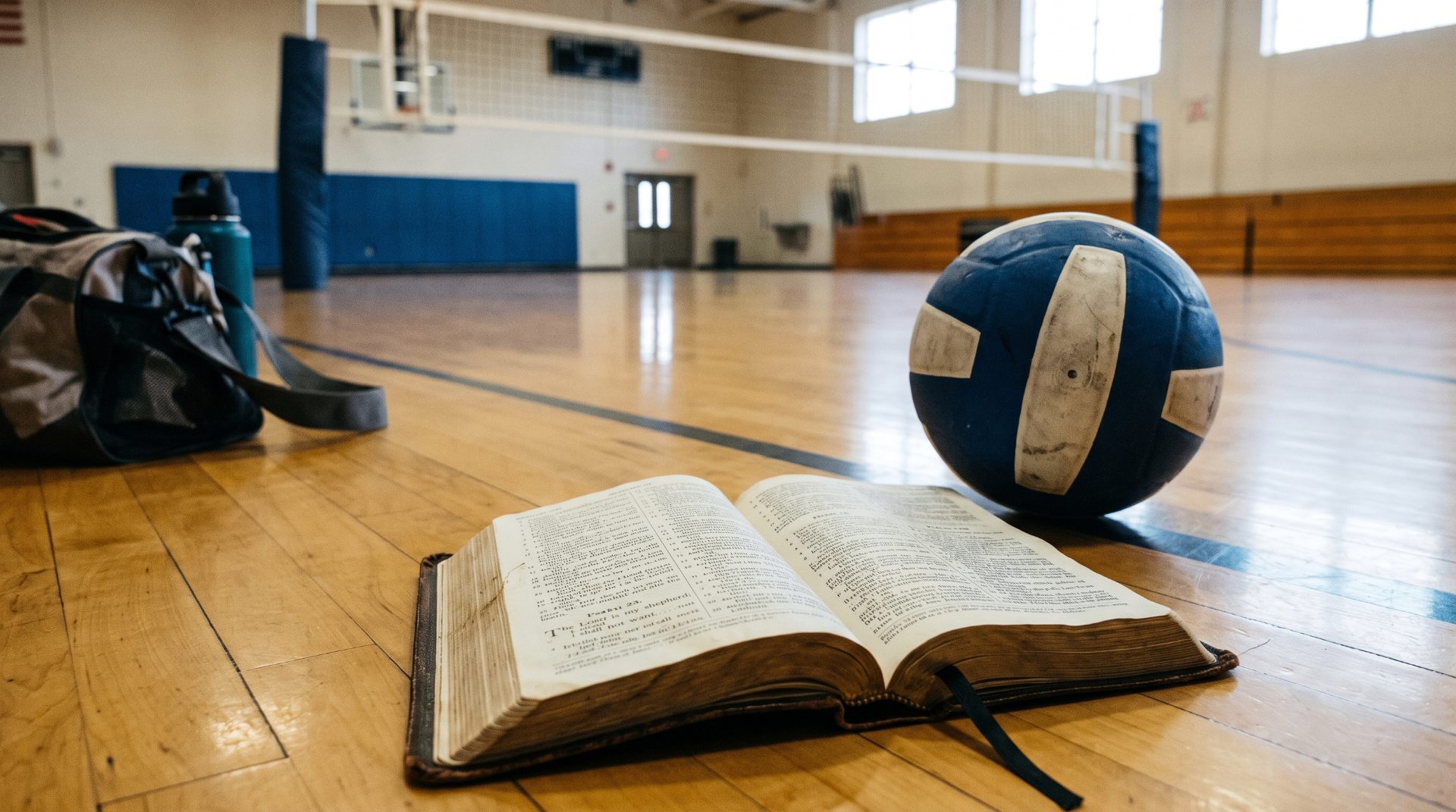 Open Bible next to a volleyball on a gym floor, symbolizing faith-based training at Stealth Volleyball Club