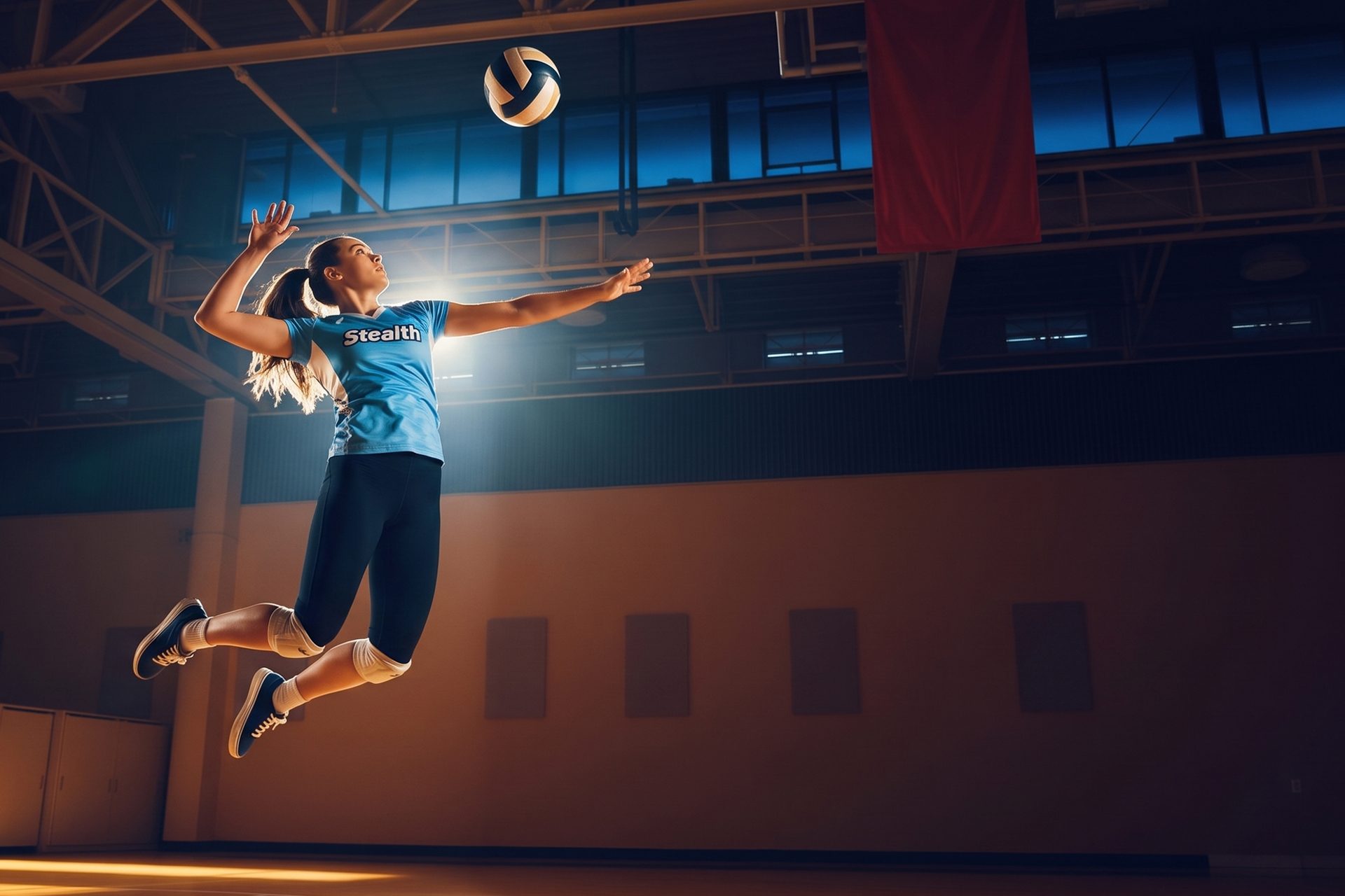 Young female volleyball player spiking in an Omaha gym